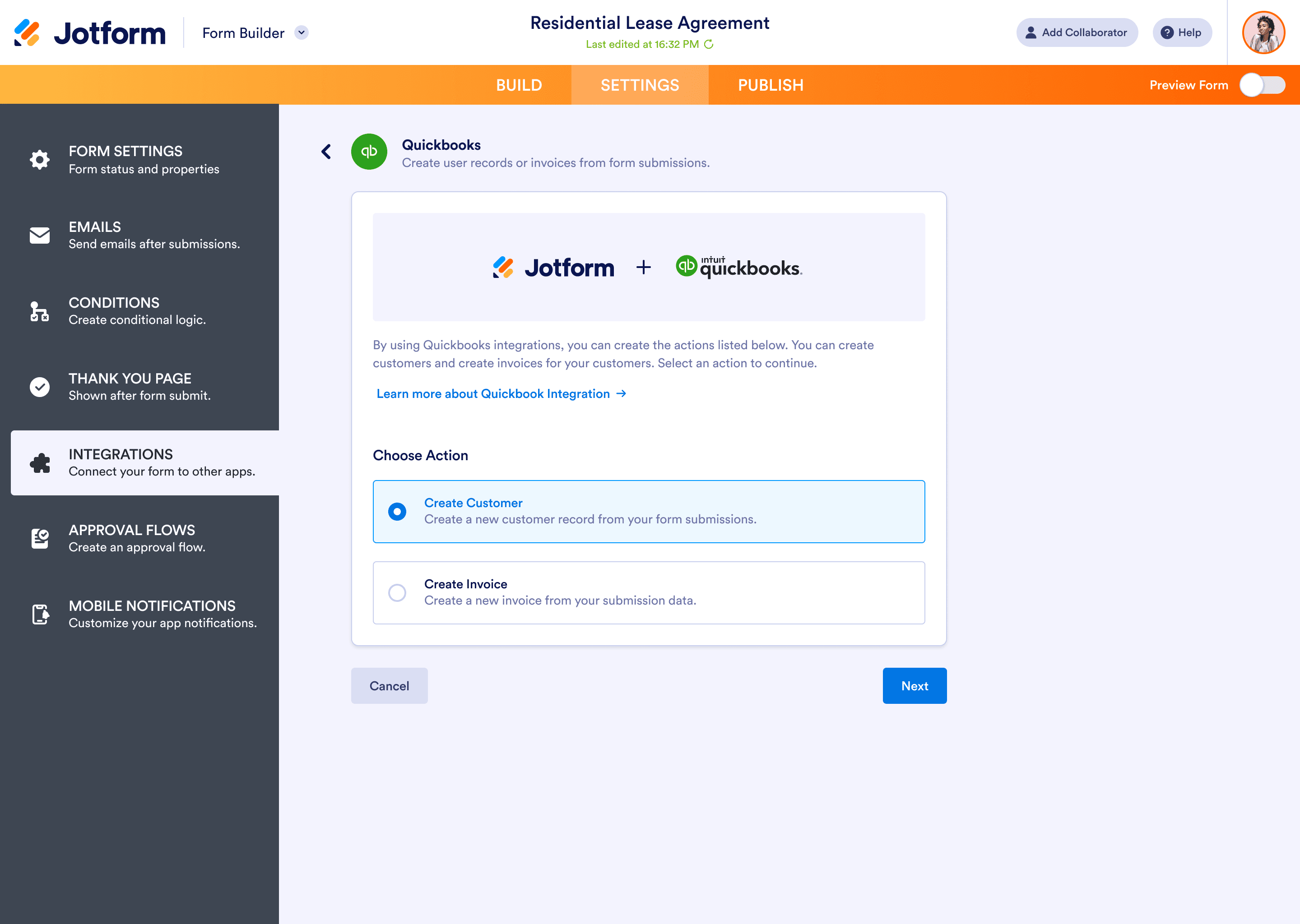Action selection screen